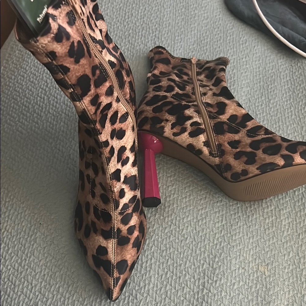 Betsey Johnson Brown and Pink Heeled Boots Leopard Print